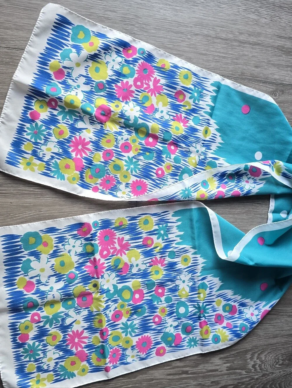 Vintage Mod Floral Scarf Long Oblong Blue Pink Polka Dot Flower Power Italy